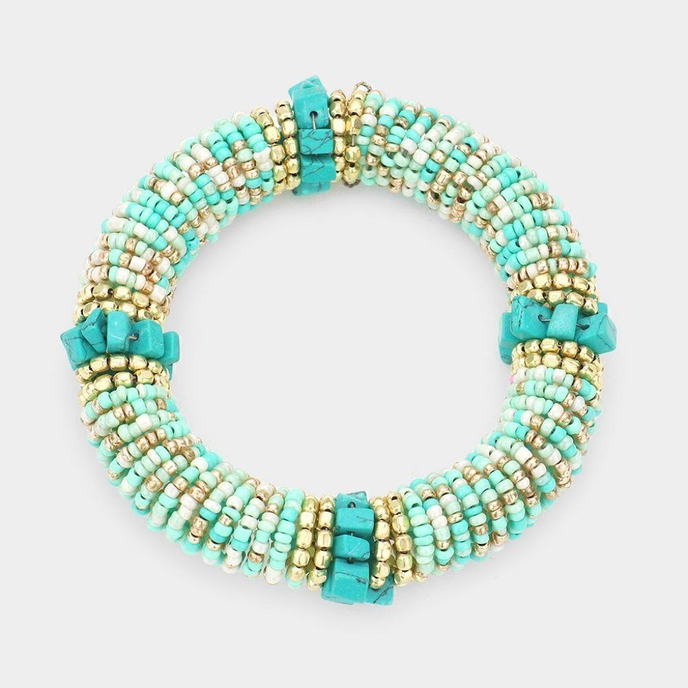 Natural Stone Blue Seed Beaded Stretch Bracelet - Picture 3 of 5
